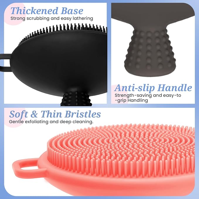 Silicone Face & Back Scrubber Set, Manual Face & Body Scrubber Exfoliator with Soft Bristles and Non-Slip Handle, Back Brush Bath Brush with 2 Detachable Brush Heads(3PCS Black Set)