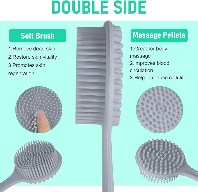 KXF Silicone Back Scrubber for Shower Bath Body Brush with Long Handle Double Sided Exfoliating Shower Brush with a Hook and a Lanyard