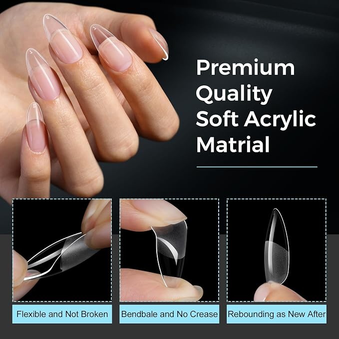 TOMICCA Medium Almond Nail Tips, 240Pcs Half Matte Pre Shaped No Filing Almond Nail Tips, 15 Sizes Full Cover Clear Acrylic Nails for Nail Art, Gel Nail Extension Tips for Beginners & Professionals