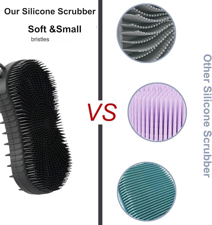 Silicone Body Scrubber, Double Sided Exfoliating Brush with Soft Flexible Bristles, Scalp Massage and Shampoo Tool with Hanger Loop (Black)