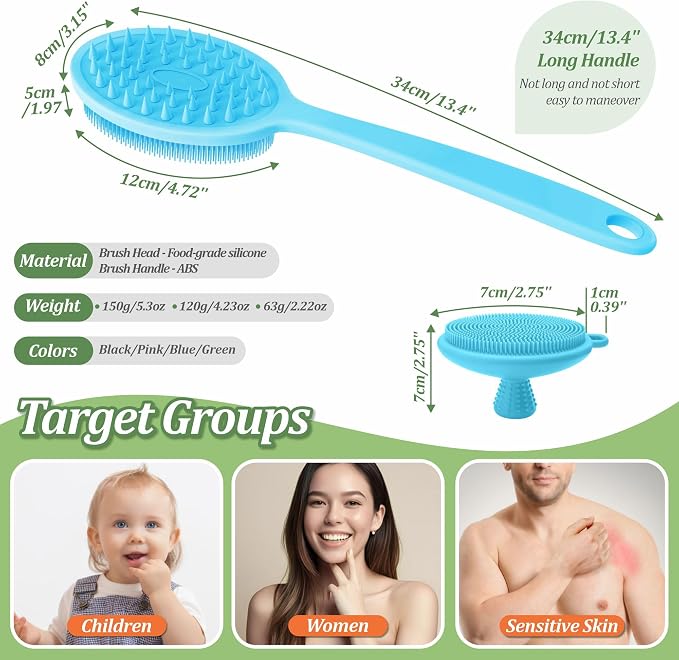 Silicone Face & Back Scrubber Set, Manual Face & Body Scrubber Exfoliator with Soft Bristles and Non-Slip Handle, Back Brush Bath Brush with Detachable Brush Head(2PCS Blue Set)