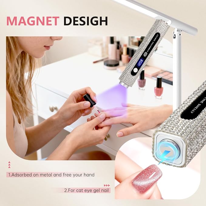 UV Nail Lamp, 3 in 1 Handheld UV Light for Gel Nails, Flash Cure Nail Lamp | Cat Eye Magnet | Cordless | 3W | Type-C | 400mAh | Full Rhinestone Covered | Mini Size | Easy to Carry | White Diamond
