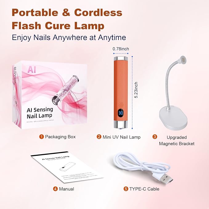 Mini Nail Lamp for Gel Nails with AI Sensor & Magnetic Stand,Rechargeable | Handheld or Handsfree,Flash Cure Nail Lamp for Gel X & Press on Nails,Gooseneck UV Light with LCD Display & 2 Timers (Orange)