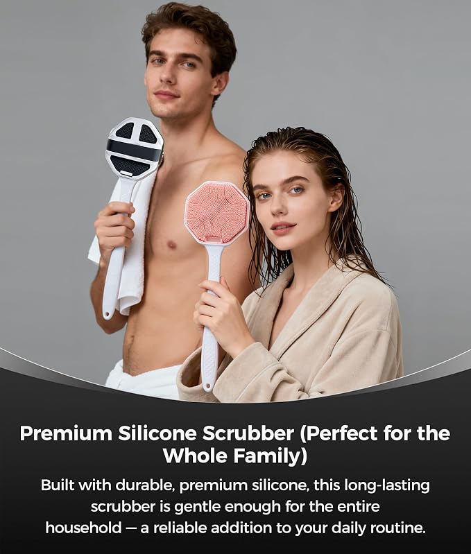 2 Pack Back Scrubber for Shower, Long-Handled Silicone Shower Brush, Back Brush with Stiff and Soft Bristles for Body Exfoliation and Massage, Back Scrubber for Man, Black & Pink
