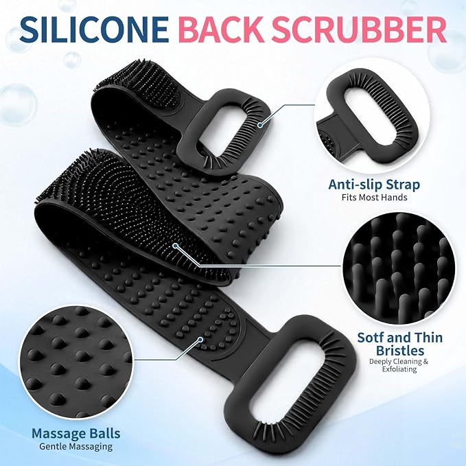 Manmihealth 36'' Extendable Silicone Back Scrubber for Shower Black | Back Washer with Long Strap Handle, Dual-Sided Silicone Body Brush for Men and Women