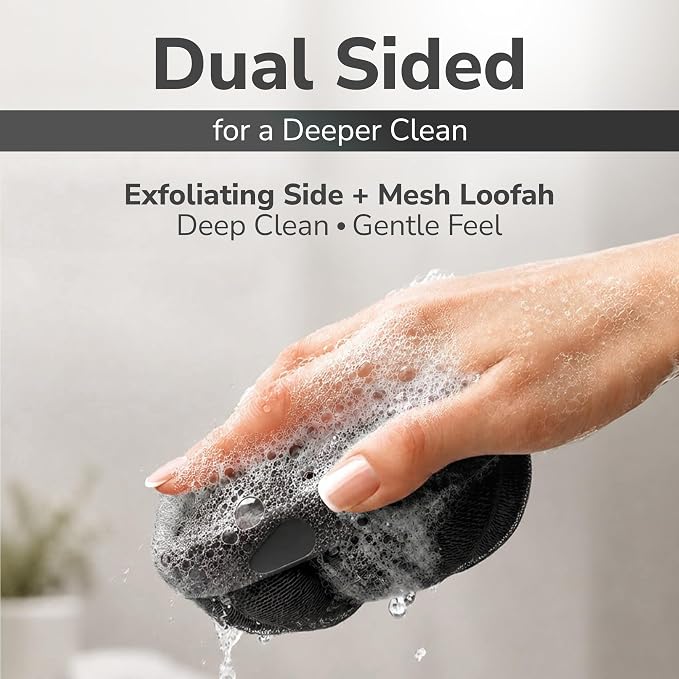 SILKLE Shower Loofah - Silicone Body Scrubber & Body Sponge for Bath, 2Pack | Double-Sided 2-in-1 Silicone Loofah - Soft Mesh + Firm Exfoliating Side, Shower Sponge with Non-Slip Grip, Quick-Dry - Black