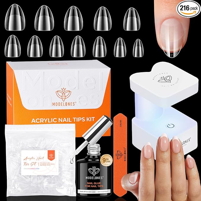 modelones X Nail Gel Kit Extra Short Almond, 9-in-One Nail Glue UV Light | 216Pcs 12Sizes Pre-Etched Press ons Fake Acrylic Extension Kit DIY Salon Gift for Women