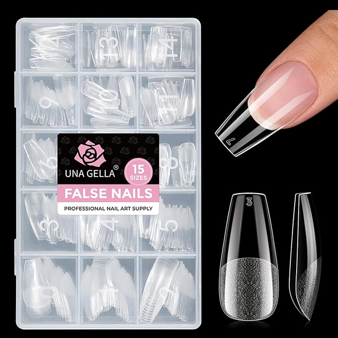 UNA GELLA Coffin Gel Nail Tips Medium Pre-Etched Full Cover 15 Sizes 300PCS | Easy DIY Salon Medium Coffin Press On Nails Snug Fit Clear False Acrylic Tips Extensions Long-Lasting Hold