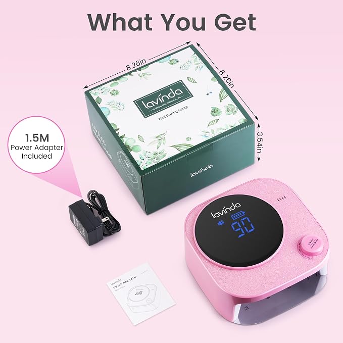 Lavinda 54W Cordless Pink Glitter Nail Lamp for Gel Nails | 2-hour charge, 4–6 hr runtime, acetone-resistant shell, vented cooling, full-hand and pedicure space, beauty content setups