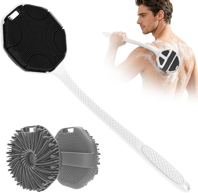Back Scrubber for Shower for Men 2 Pack, Silicone Body Scrubber with Long Handle, Detachable Body Wash Scrubber Shower Scrub Brush -Lathering Bristles Deep Clean Exfoliator Women Mens Black+Grey