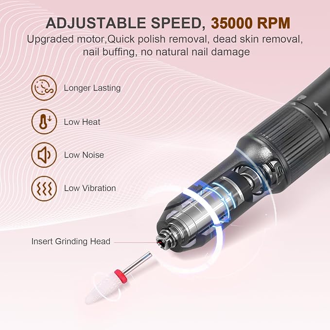 Electric Nail Drill Rechargeable Professional,2 in 1 Nail Grinder & UV Lamp Combo,35000 RPM,Portable Cordless Nail File Machine for Acrylic Nails,Gel Polishing,Shaping Nails,Manicure Art Tools