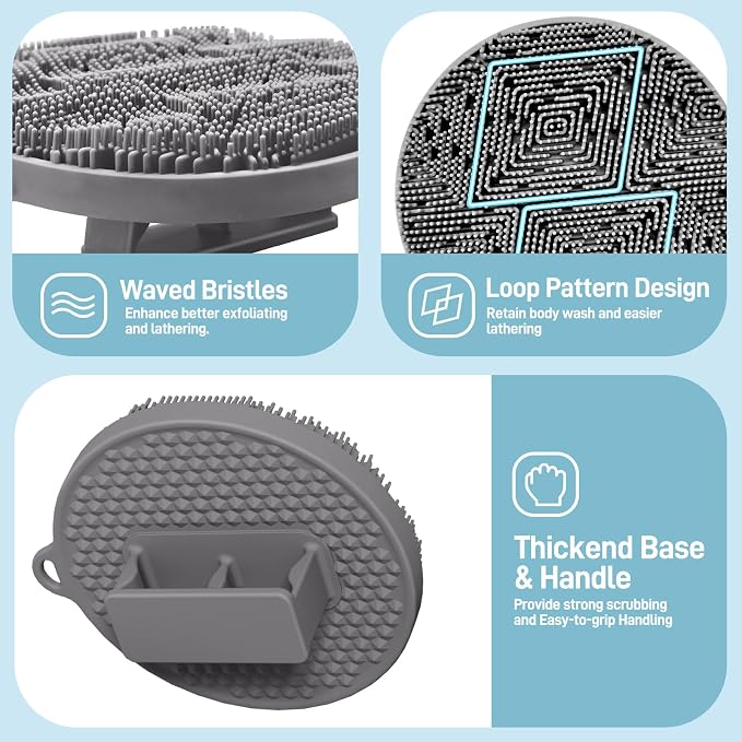 Silicone Body Scrubber for Shower, Silicone Loofah Body Buffer with Dense Bristles and Comfort Handle, Exfoliating Body Scrubber Shower Scrubber for Good-Lathering & Deep Cleansing(Gray)