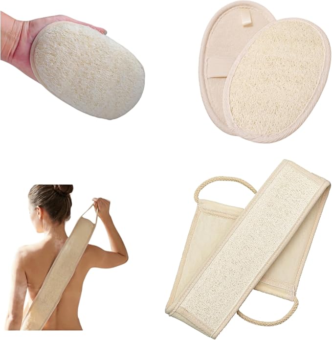 Natural Loofah Exfoliating Body Scrubber, 2-Piece Bath Set | Includes Loofah Back Scrubber + Loofah Sponge, Shower Loofah Scrubber for Men & Women, to Clean Body Deeply, Invigorate Skin