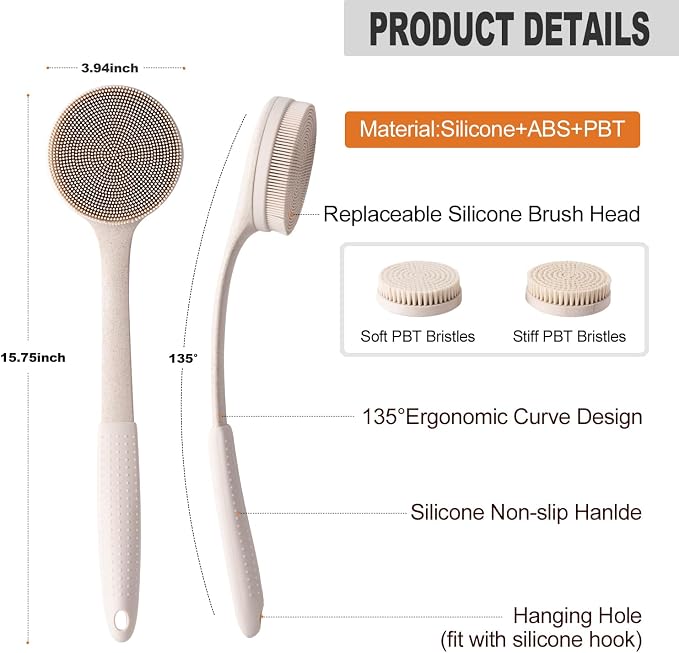 Long Handle Back Scrubber for Shower with 3 Interchangeable Heads-Beige | Ergonomic Handle,Silicone Grip,Gift Box,Use for Back and Full Body,Cleansing and Exfoliating,Made from Wheat Straw