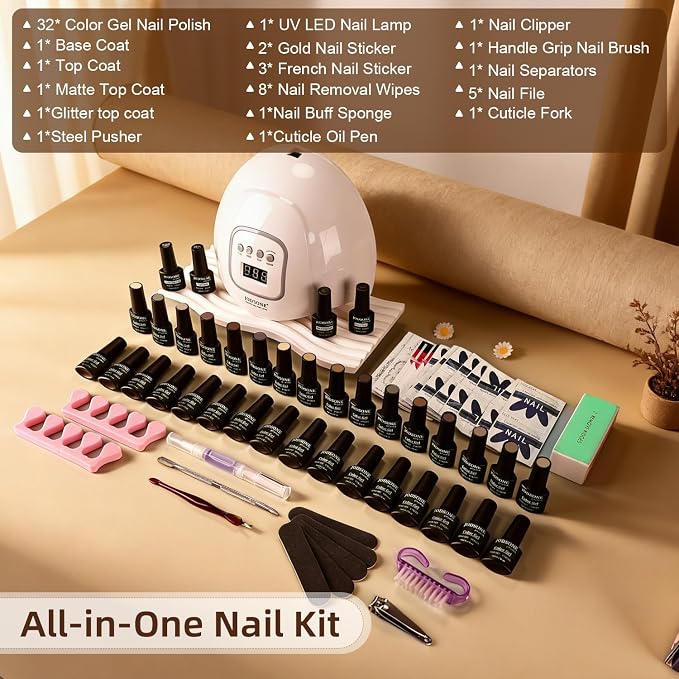 JODSONE Nude Brown Gel Nail Polish Kit 32 Colors Beige Chocolate Caramel with 4 Functional Gel for DIY Nail Art at Home