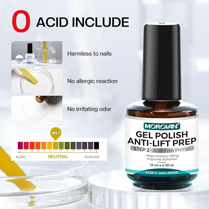 Morovan Gel Nail Primer and Dehydrator: Professional Prep for Gel Polish | Hema-Free Prep Dehydrate for Anti-Lifting | Acid-Free Bond Primer for 28+ Days Long Lasting Adhesion | 15ml Nail Supplies Kit