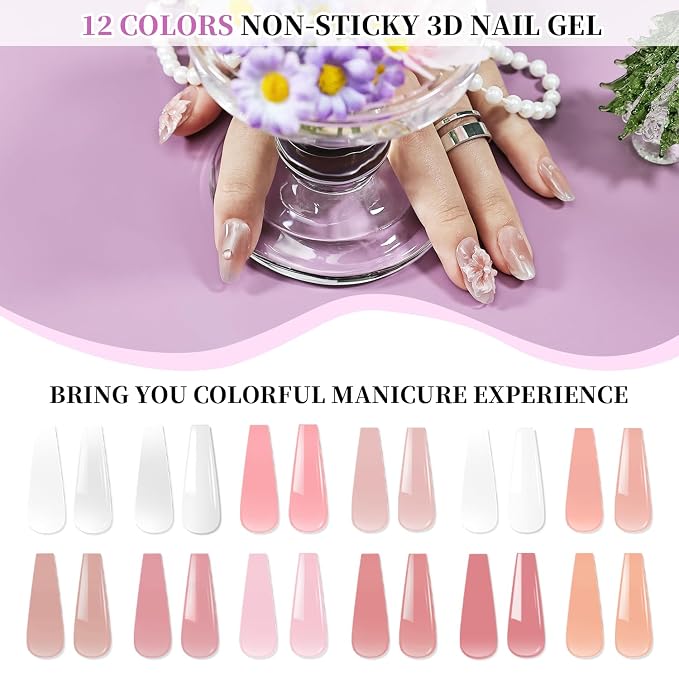 JEWHITENY 12 Colors Non-Sticky Solid Builder Gel Kit:3D Sculpting Gel with Mini U V Nail Lamp for Nail Extension,Modeling, Sculpture