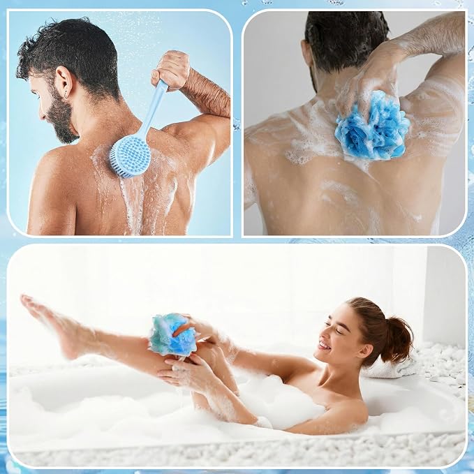 Qinyoung 4 Pcs Loofah Sponge with Soft Silicone Back Scrubber for Shower 15'' Long Handle Body Brush Exfoliating Bath Sponge for Women Men, Body Scrub, Shower Pouf Bath Accessories Soap, Blue