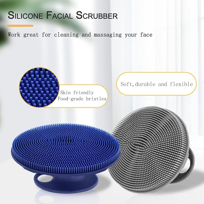 Silicone Face Brush Handheld Facial Cleansing Scrubber, Dark Blue+Gray | Gentle Exfoliating, Massaging, Makeup Remover, Oil Remover, Food-grade Soft Bristle, Hygienic for All Skin Types, INNERNEED