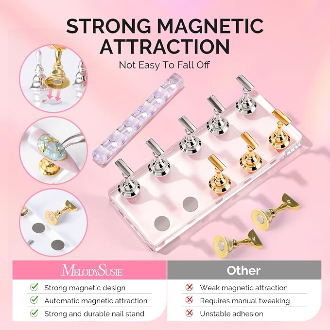 MelodySusie Nail Stand for Press Ons, Big Transparent Acrylic Magnetic Base for Practice Painting Display with Brush Holder and 100 Pcs Reusable Double-Sided Tape for Home DIY Salon Supplies