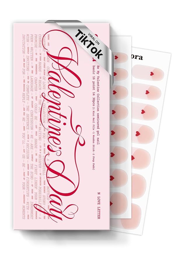 ohora Semi Cured Gel Nail Strips (N Love Letter) - Salon-Quality Valentines Nails, Works with Any Lamps, Long Lasting, Easy to Apply & Remove, Chip Resistant