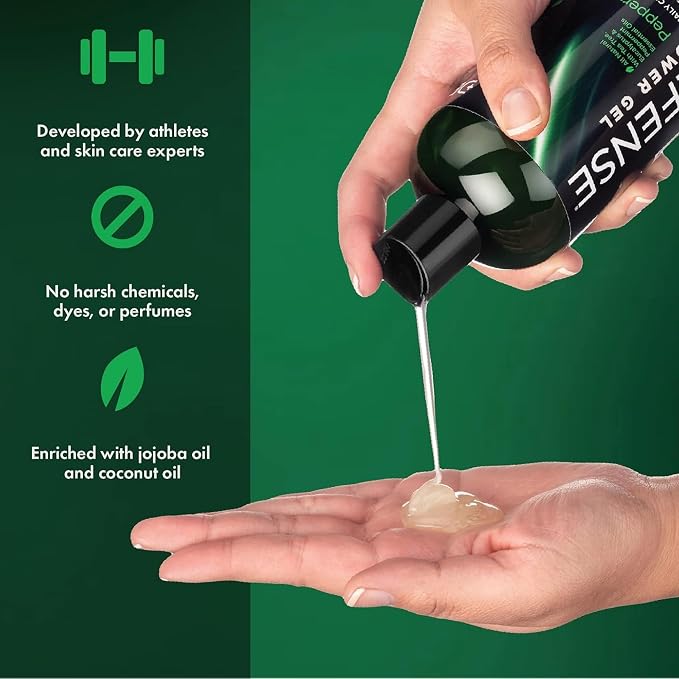 Defense Soap Peppermint Body Wash 32 oz with Tea Tree & Eucalyptus Oils + Silicone Body Scrubber & Shower Hook | Natural Antifungal Shower Gel & Exfoliating Set for Athletes and Active Lifestyles