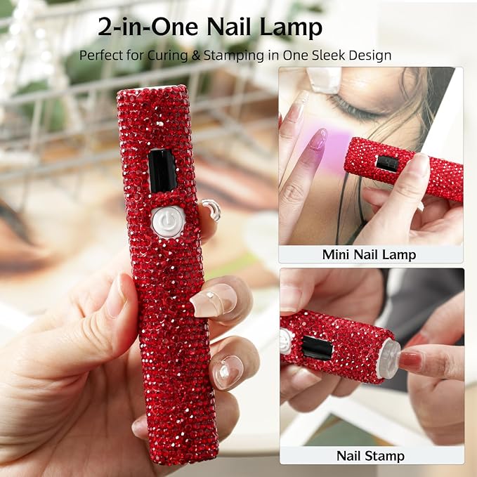 Handheld UV Nail Lamp with Sparkly Rhinestones Red | 3W Portable LED Nail Lamp, Wireless Rechargeable USB Nail Dryer with Silicone Stamper, LCD Display, for Home DIY Manicures
