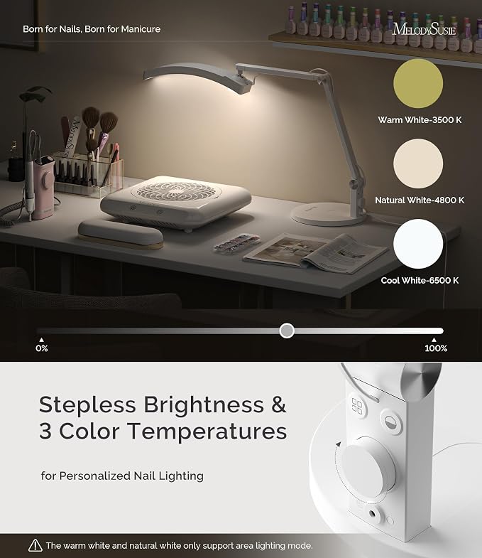 MelodySusie Multi-Functional Manicure Table Lamp S-Pro25A for Nail Techs | Professional Nail Desk Light with Adjustable Arm, Dimmable Brightness & 3 Color Temperatures for Nail Art