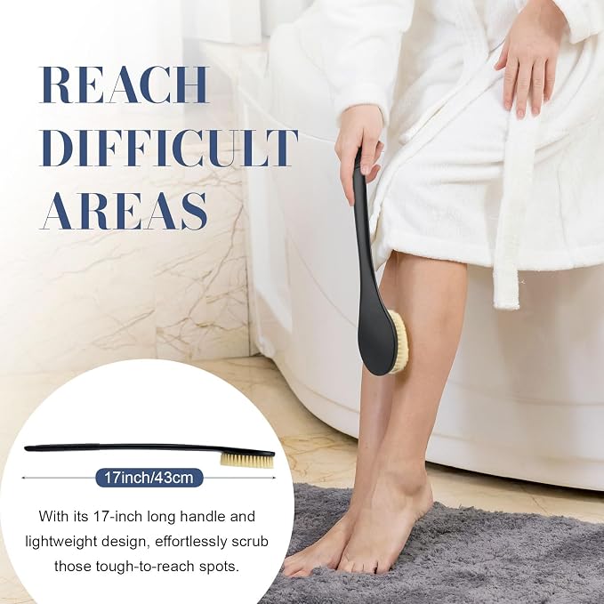 Back Scrubber for Shower, Shower Body Brush for Cleaning with Long Handle for Showering, 17 Inch Back Washer Exfoliator for Shower Men Women with Non-Slip Handle, Adhesive Hook (Black-Boar Bristles)