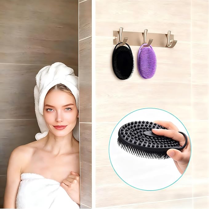 2 Pack Silicone Body Scrubber, Exfoliating Shower Scrubber for All Skin | 2 in 1 dual-sided design, soft bristles and massage bumps side, fast-drying, non-slip handle, for women and men, Black+Purple