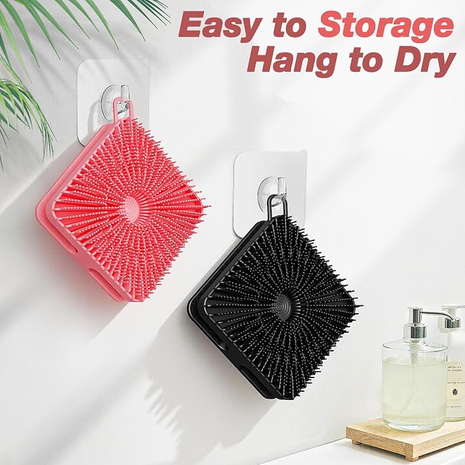 Manmihealth Dual-Sided Silicone Body Scrubber Scalp Massager 4 PCS | 2-in-1 Silicone Shower Shampoo Brush for Men and Women, Exfoliating Silicone Loofah with Soap Bag, Lather Well (Black+Pink)