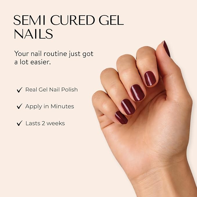 Semi Cured Gel Nail Strips Stickers Wraps | UV Nail Polish That Pops In Color (Red Cherry) For Women & Short Nails & Long Nails (Ami Amour)
