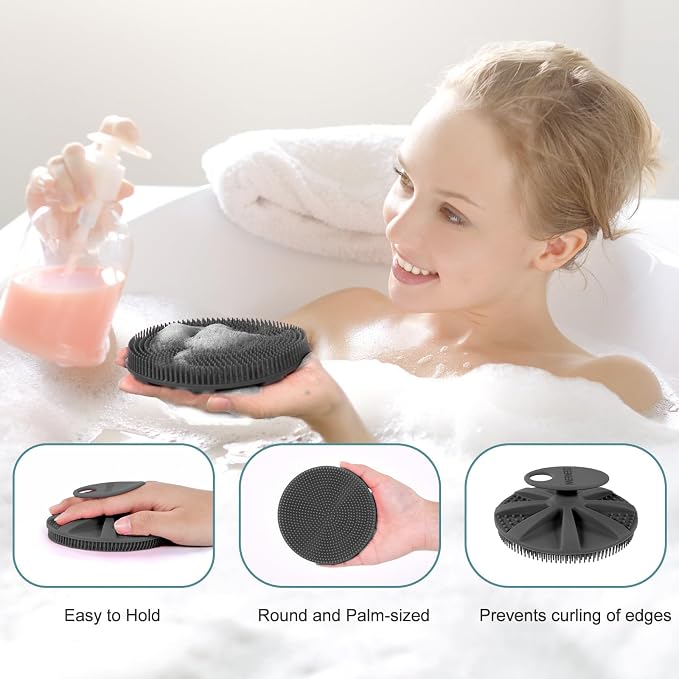 INNERNEED Food-Grade Soft Silicone Body Scrubber Shower Brush, Black+Gray | Handheld Cleansing Skin Brush, Gentle Exfoliating and Lather Well, Hygienic Bath Scrub for Women, Men