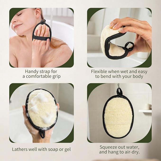 SAMEBUTECO 4 Pack Natural Loofah Body Scrubber-Exfoliating Bath Loofah Set with Black Edging and Hanging Loops for Men and Women,Ideal for Pore Cleansing,Shower,Skin Smoothing