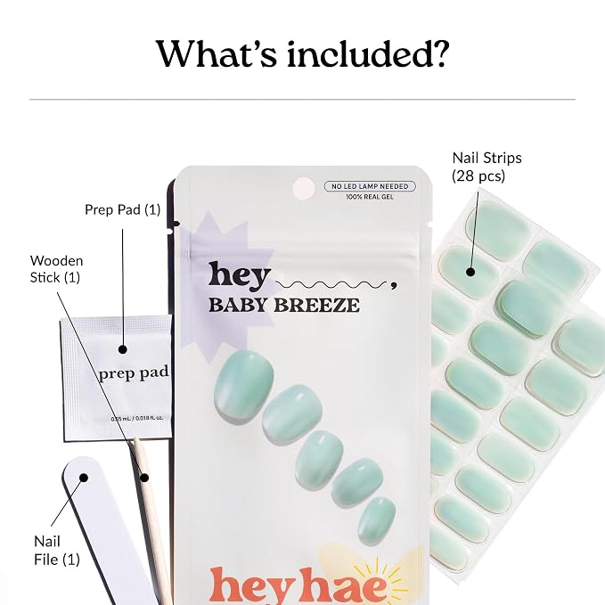 Heyhae Semi Cured Gel Nail Strips Salon Quality - Hey, Baby Breeze | No UV Light Needed | Salon Quality, Easy Apply & Remove | 28 Strips, 1 Prep Pad, Nail File, Wooden Stick | Blue Mint Jelly