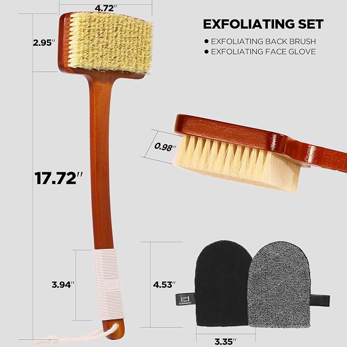 ICANdOIT Stiff Sisal Bristles Back Scrubber Set - Shower Brush with Non-Slip Curved Handle and Dual-Sided Exfoliation Glove-17.71”Bent Handle