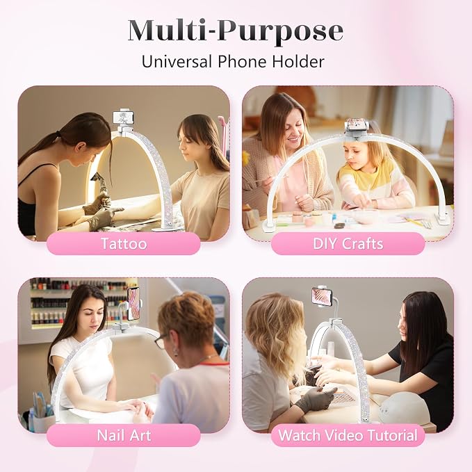 Yokilly Half Moon Light for Nail Desk: 29" Foldable Nail Light for Desk | AB Diamonds Arch Nail Tech Light with Phone Holder for Beginner - 3 Color Modes & 10 Brightness for Manicure Salon