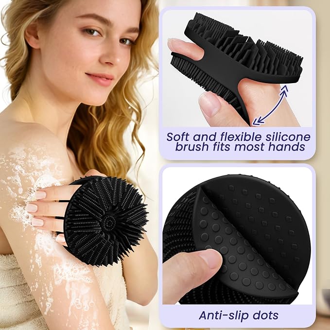 Manmihealth Silicone Body Scrubber Shower Brush Set Thin Bristles Black | 4PCS Super-Cleansing Body Scrubber & Strong Lathering Power Bath Glove Combination