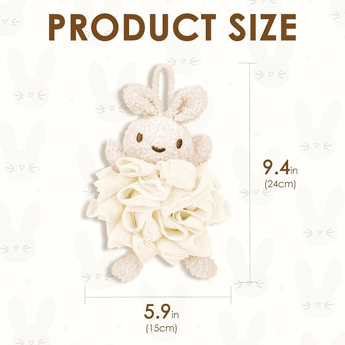 Bunny Bath Pouf 2-Pack, Kids Shower Loofah Sponges, Soft Mesh Gentle Exfoliating Body Puff, White (2Pcs)