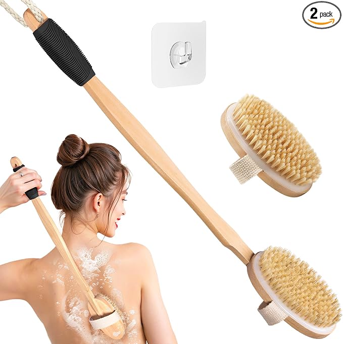 Wood Body Brush Set,20.6’’ Long Handle Bath Body Back Scrubber Soft & Stiff Bristles Detachable 2 Brush Heads Gentle Exfoliator Remove for Wet & Dry Use