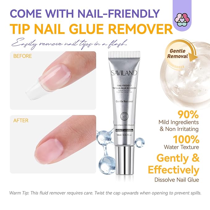 SAVILAND No Curing Nail Glue Gel with Remover: 30-Day Long-Lasting Semi Solid Nail Glue for Press On Nails Air Dry Extra Strong Nail Bond Glue No UV Lamp Needed, Fast False Nail Remover for Home Use
