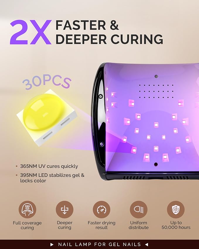 MelodySusie Detachable Base UV/LED Nail Lamp P-Plus30I for Hard Gel | 54W, 3 Timer Settings, Smart Sensor, LCD Display, 30 UV/LED Beads, Rhinestone Glue, Solid Nail Glue Gel, Liner Gel, Black