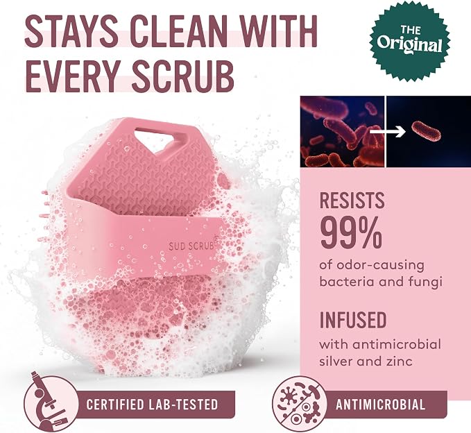 Sud Scrub® Antimicrobial Silicone Body Scrubber, Exfoliating Body Brush for Sensitive Skin, Antibacterial Shower Scrubber for Body, Bathroom Essentials for Men & Women, Pink