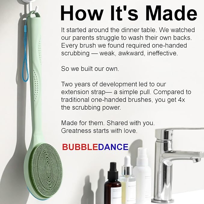 Extendable Silicone Back Scrubber, 17-32", 4X Scrub Power,Green | Dual handles for 4X power. Zinc-infused BPA-free silicone. 30D dense bristles for rich lather & deep cleanse. Quick-dry.