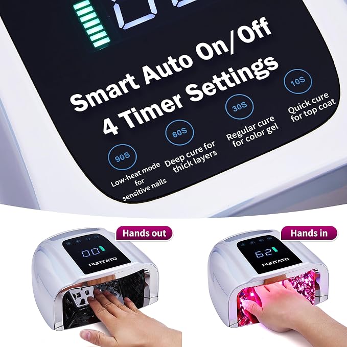 PURTATO Professional Rechargeable 96W UV LED Portable Cordless UV Light for Nail Lamp Machine with Removable Stainless Steel Bottom,4 Timer Setting and Smart Sensor Nail Dryer (Plating Silver)