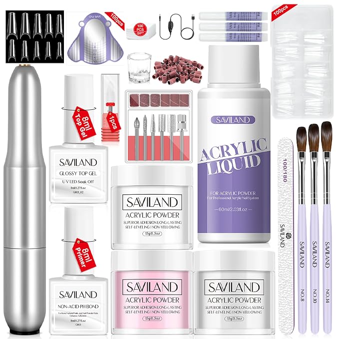 SAVILAND Acrylic Nail Kit for Beginners with Everything, White Pink Clear | Includes Acrylic Powder and Liquid, Nail Drill, 100 Forms, Brushes, Primer, Top Gel & Extension Tools, Home DIY and Salon Use