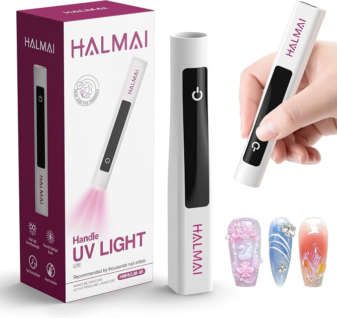 Halmai Handheld UV Nail Lamp for Gel Polish,Portable Mini Red Light with LED,Cordless Rechargeable USB Dryer,At-Home Manicure Salon Tool with Fingernail Curing,Nail Stamping & Cat Eye Magnet (White)
