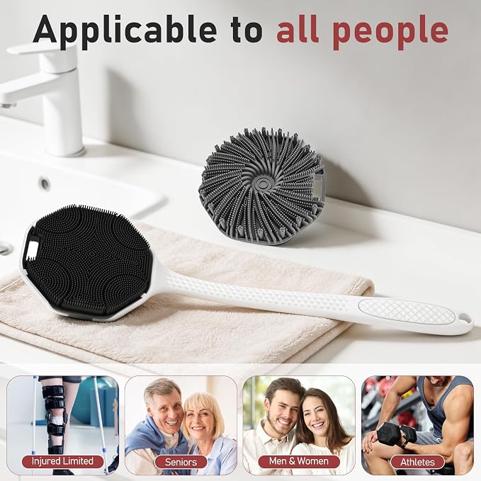 Back Scrubber for Shower for Men 2 Pack, Silicone Body Scrubber with Long Handle, Detachable Body Wash Scrubber Shower Scrub Brush -Lathering Bristles Deep Clean Exfoliator Women Mens Black+Grey