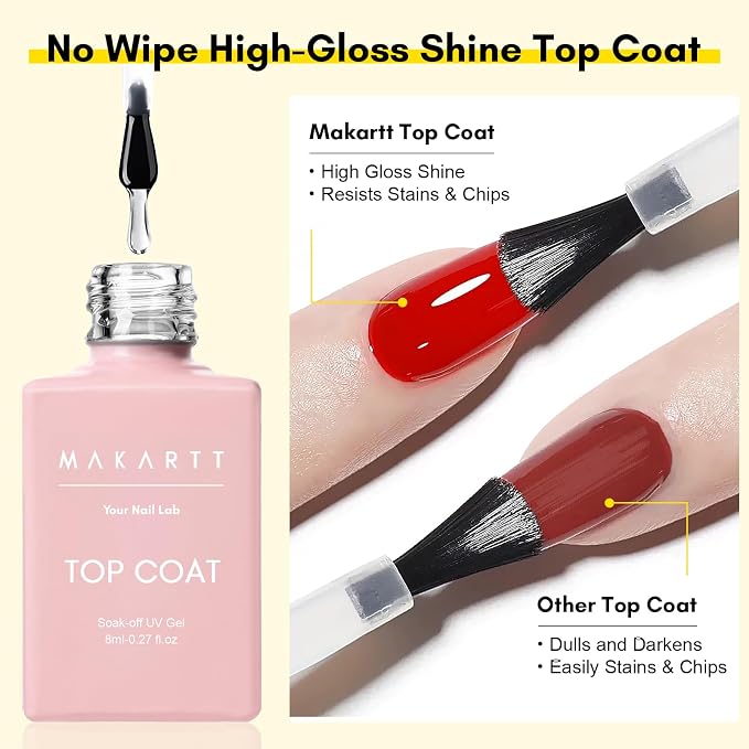 Makartt Gel Top Coat and Base Coat Set: 2 PCS No Wipe Clear Gloss Shiny | Clear, Stain Resistant, UV Top Coat Nail Polish for Acrylic Nails Dip Powder Gel Nail Polish Beauty Gift Salon at Home
