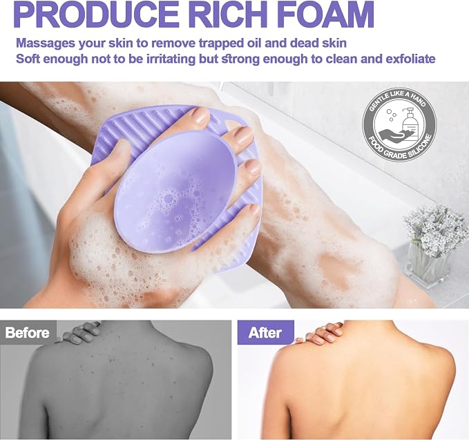 Silicone Body Scrubber, Bath Brush,Gentle Texture Exfoliating Body Scrubber for Men and Women On Sensitive Skin, Soft Scrubber Builds Up Lather, Deep Skin Clean (Purple)